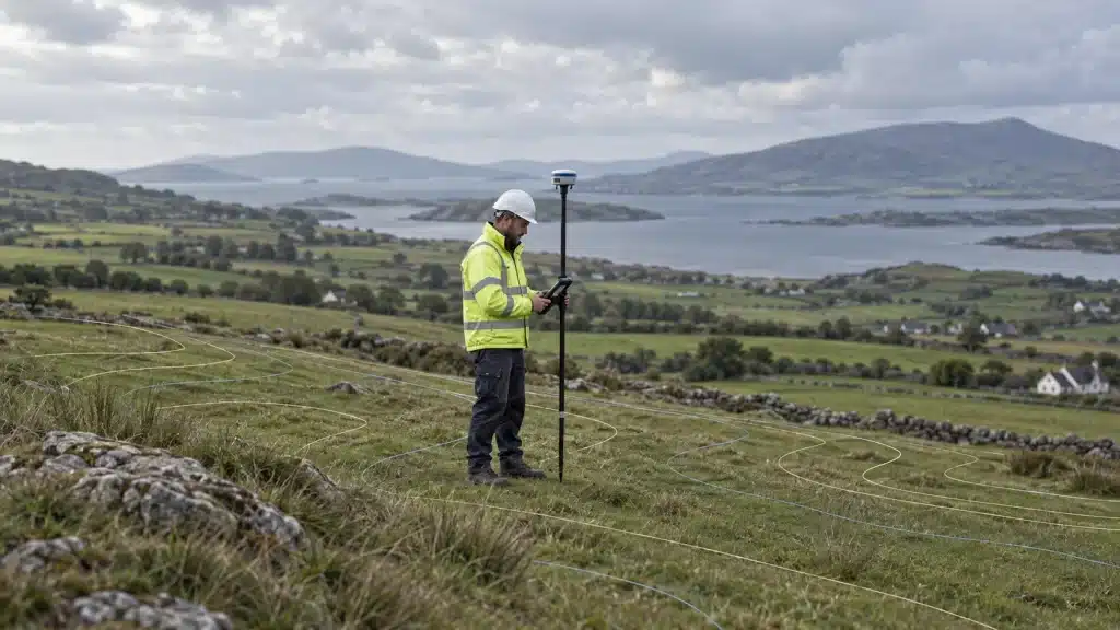 What Is a Topographic Survey? Scope, Deliverables and Timing Explained Surveyor measuring sloping terrain with a GNSS rover and contour lines across the landscape.