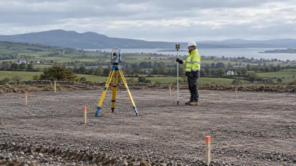 Setting Out on Site: Control, Checks and Responsibilities Total station, survey prism and setting-out markers on a prepared construction site.