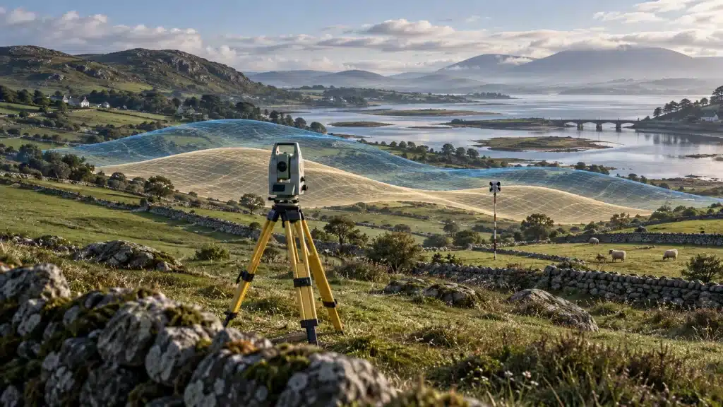 Why Two Accurate Surveys Can Disagree: Coordinate Systems and Height Datums in Ireland Total station and survey target in an Irish landscape with two conceptual survey reference surfaces.